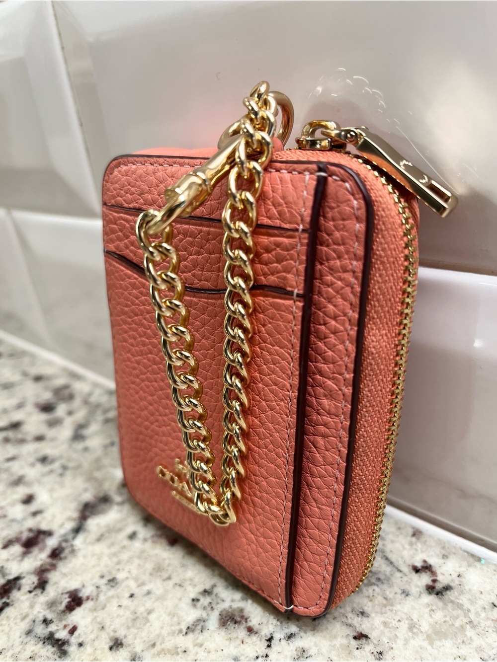 Coach Pebbled Terracotta Leather Zippered Card Holder with Strap EUC - Picture 3 of 10